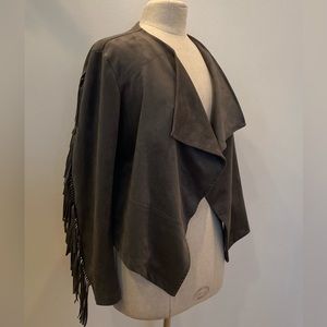 Karen Kane Womens Gray Faux Suede Cardigan w Fringe on Sleeves / Stretch/ Size M